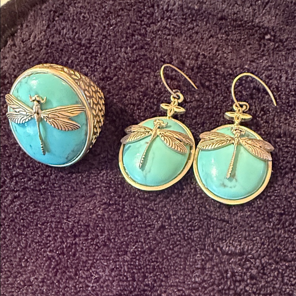 Dragonfly Turquoise Statement Ring & Earring Set - image 1